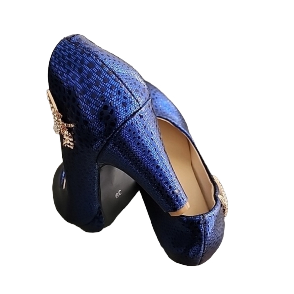 METALLIC COBALT BLUE VEGAN Platform Pumps 8 Heels Gold CZ Moon Charms Chunky - Picture 10 of 16